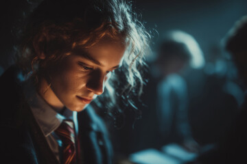 Students engaged in focused study during an evening education session