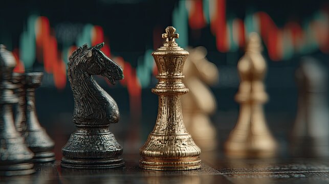 Chess pieces over stock market chart indicate financial strategy and planning, highlighting market fluctuations and investment decisions