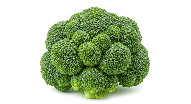 Fresh broccoli head with vibrant green florets, isolated on clean white background, high-quality detail
