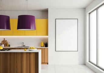 Modern Kitchen Interior with Yellow Cabinets, Wooden Island, Purple Pendant Lights, and Blank Frame for Custom Art Display