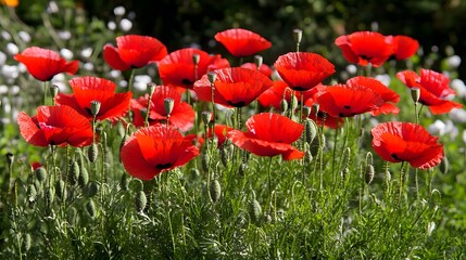 Obraz premium Vibrant Red Poppies Blooming in Lush Green Field