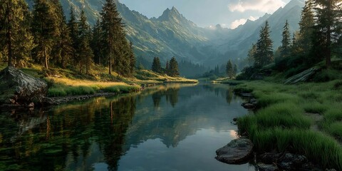Naklejka premium Crystal clear mountain lake reflecting majestic peaks at sunrise