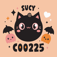 Adorable Black Cat with Ghosts and Stars, "Sucy COO225" Text