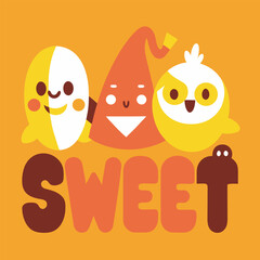 Adorable Halloween Characters and "SWEET" Text on Orange Background