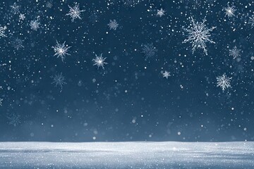 A serene winter scene showcases a dark, deep blue background blanketed with numerous delicate snowflakes falling gracefully onto a shimmering white snow-covered surface.