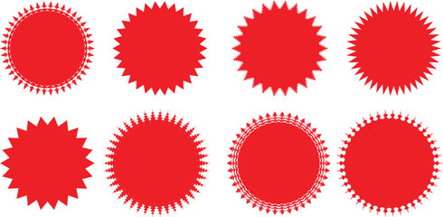  red starburst badges promotional seals price tags marketing elements isolated on white background.