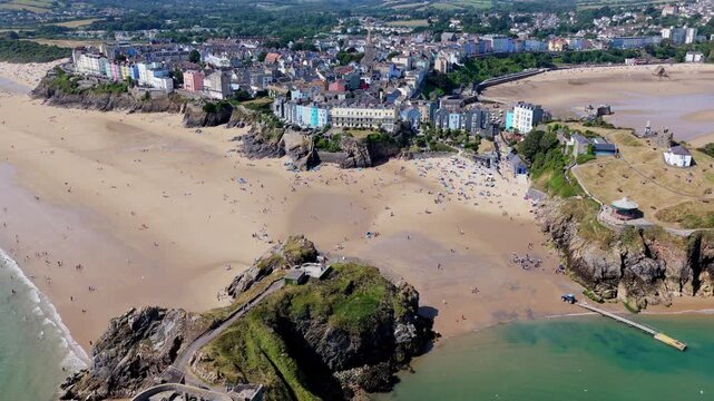 Aerial drone 4k footage of Tenby bay based in south wales uk, stunning sea landscape view from above