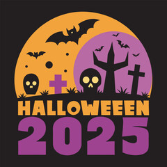 Spooky Halloween 2025 Graphic with Bats, Skulls, and Graveyard Scene
