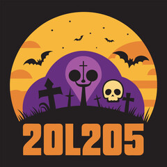 Spooky Halloween Cemetery Scene with Bats, Skull, and "20L205" Text