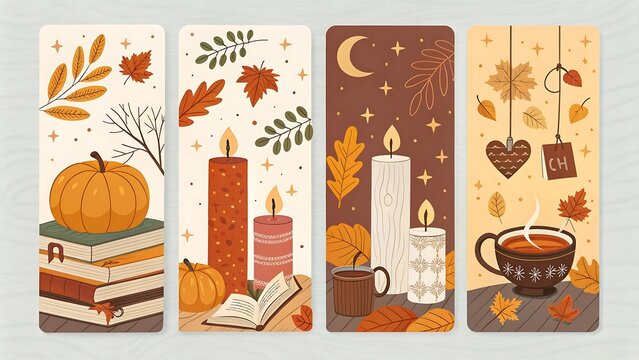 Cozy autumn bookmarks featuring pumpkins candles leaves and warm drinks for seasonal reading