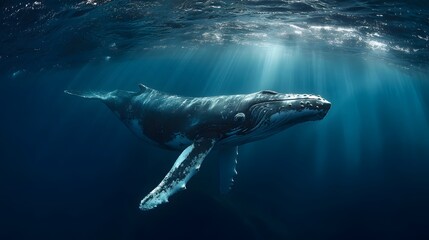 Naklejka premium The blue whale gliding near the surface with a view of the azure sky.