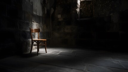 Solitary wooden chair in a dark stone room, stark, contemplative, moody atmosphere