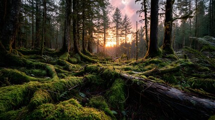 Obraz premium Sunbeams illuminate a lush forest floor, dappling ferns and moss with golden light