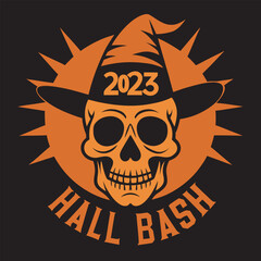 Spooky Skull with Witch Hat and "Hall Bash 2023" Text