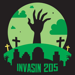 Zombie Hand Rises from Graveyard Under a Green Moon with "Invasin 205" Text