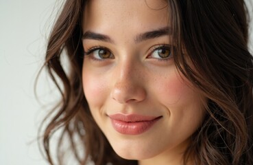Obraz premium Woman with natural makeup and wavy brown hair smiling softly at the camera