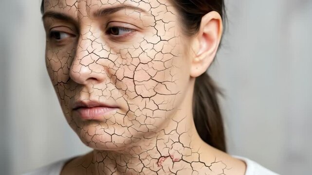 A woman with extremely dry and cracked skin on her face and neck representing a dermatology problem like eczema or the effects of dehydration and aging

