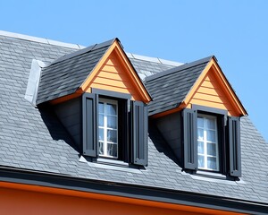 Dormer Windows on Orange House Roof with Black Shutters