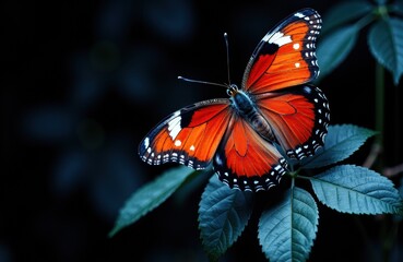 Fototapeta premium Vivid butterfly with orange and black wings resting on green leaves in natural environment