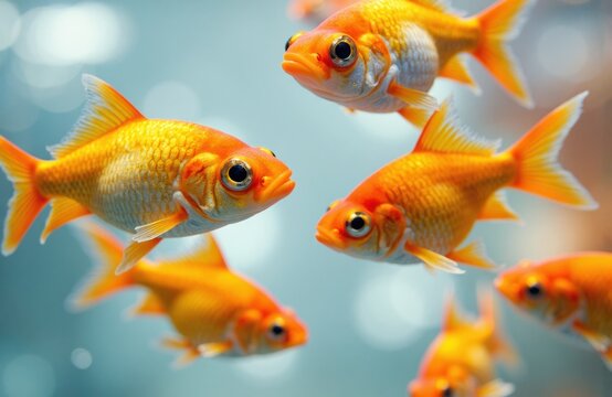 Colorful goldfish swimming in clear water with a blurred background
