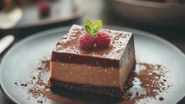 Chocolate and vanilla layered dessert topped with raspberries mint on plate