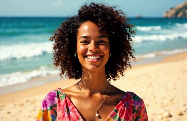 Woman smiling on beach with ocean and sandy shore in background
