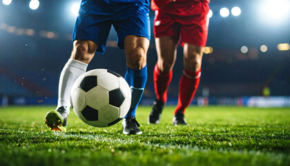 Fototapeta premium サッカーの試合、ドリブルをする足元。Soccer game, feet dribbling.
