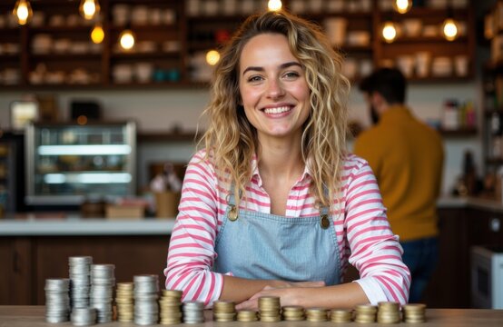 Woman smiling at a cash register with stacks of coins in a cafe or bakery setting