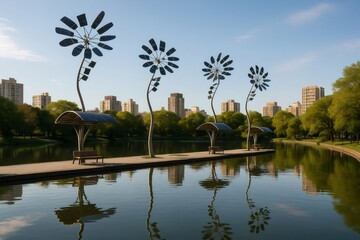 Fototapeta premium Flower shaped wind turbines and solar panels provide sustainable energy in an urban park, reflecting in the calm lake waters