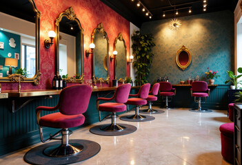 Colorful salon interior with vintage mirrors and plush chairs creating a cozy atmosphere