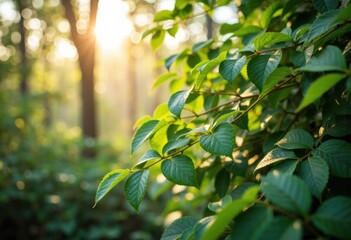 Obraz premium Sunlight filters through lush green leaves in a peaceful forest scene
