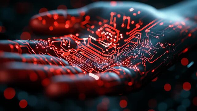 Vibrant red circuit board pattern streaming across metallic robotic hand, highlighting cutting edge technological design on clean white surface