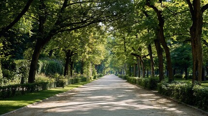 A serene, tree-lined pathway in a lush park, inviting peaceful strolls through nature's beauty.