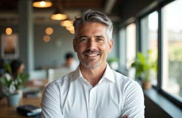 Obraz premium Confident middle-aged man smiling in a modern office environment
