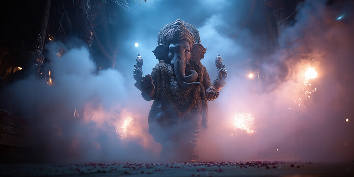Enormous Ganesha idol walking forward with misty aura