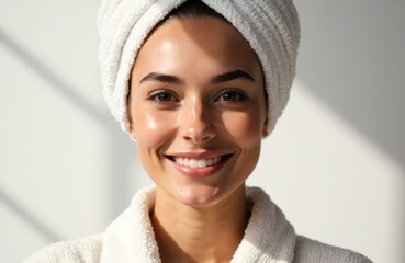 A woman with clear skin smiling warmly while wrapped in a towel and wearing a towel turban
