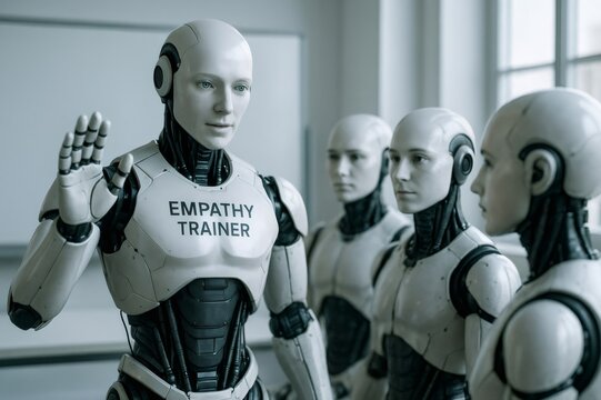 Empathy trainer robot conducting a lesson for a group of robots, focusing on understanding feelings and emotions in a futuristic classroom setting