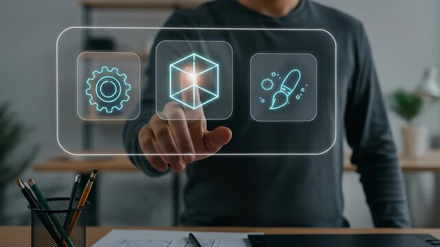 Adult man uses a futuristic holographic digital interface, tapping a glowing 3D model icon for creative design and innovation in a modern office.