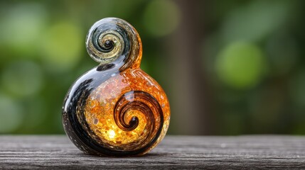 Glass orb with black and gold swirls atop wooden plank with green bokeh backdrop