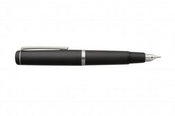 Classic black fountain pen lying horizontally on a transparent background, ready for writing or signing important documents