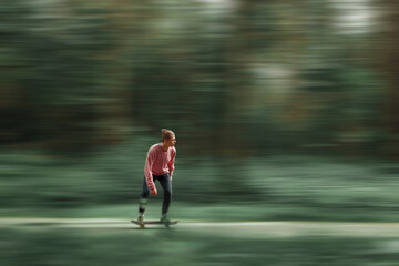Young man riding a skateboard in motion blur effect, wearing casual clothes, enjoying speed and freedom outdoors in a green forest background. Dynamic lifestyle and urban sport concept.
