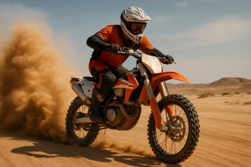 Obraz premium Motocross rider racing on a dirt bike through a vast desert landscape, kicking up clouds of dust and showcasing thrilling speed and power
