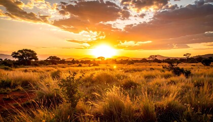 Obraz premium Golden Sunset over African Savanna Landscape.