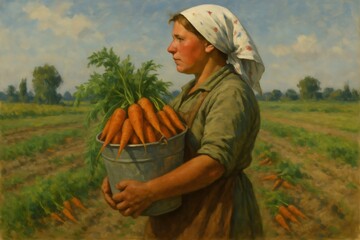 Painting of farmer carrying bucket full of carrots in a cultivated field, enjoying the fruits of her labor