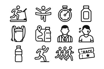 Collection of 12 black running and sports event icons in flat vector style with white background, ideal for apps, race organization, and athlete tools.