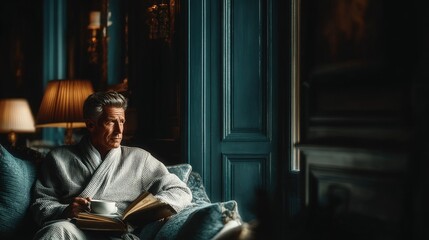 Man relaxing, reading book, holding coffee in a luxurious living room