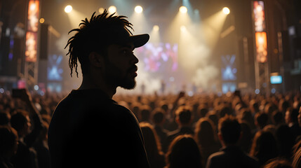 silhouette of black african american hip hop artist or rapper on illuminated scene with crowd of people, musical festival event with famous celebrity
