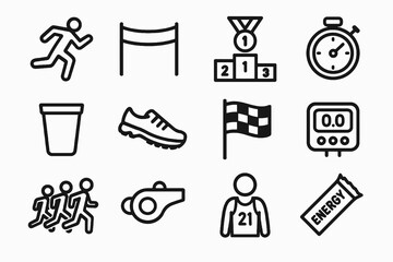 Fototapeta premium Set of 12 black running and marathon icons in flat vector style with white background, perfect for training apps, competition branding, and fitness tools.