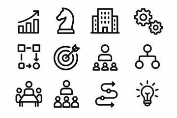 Set of 12 black business strategy and management icons in flat vector style with white background, perfect for apps, corporate design, and planning tools.