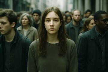 Obraz premium A young woman in a crowd looks directly at the viewer, conveying a serious mood.